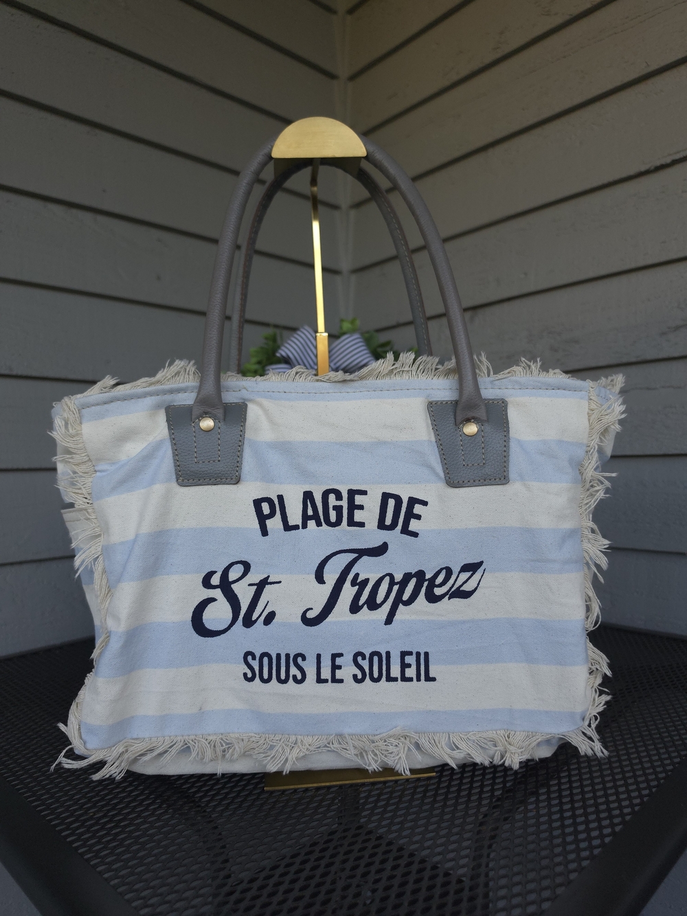 Myra Light Blue & Cream Striped Canvas Tote with Fringe
